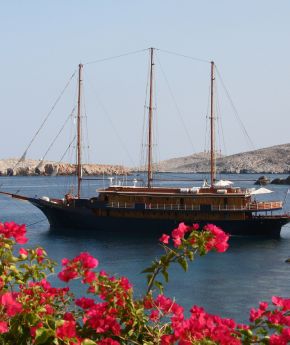 View of a ship anchored in Santorini
