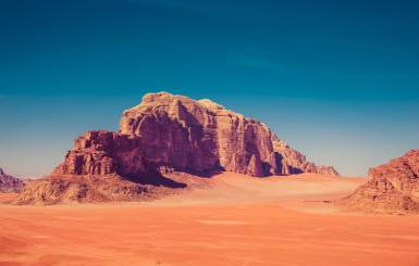 A scenic view of the Wadi Rum desert in Jordan