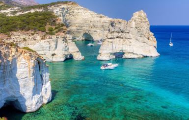 The unique geological formations and crystal clear waters of Milos island, Greece