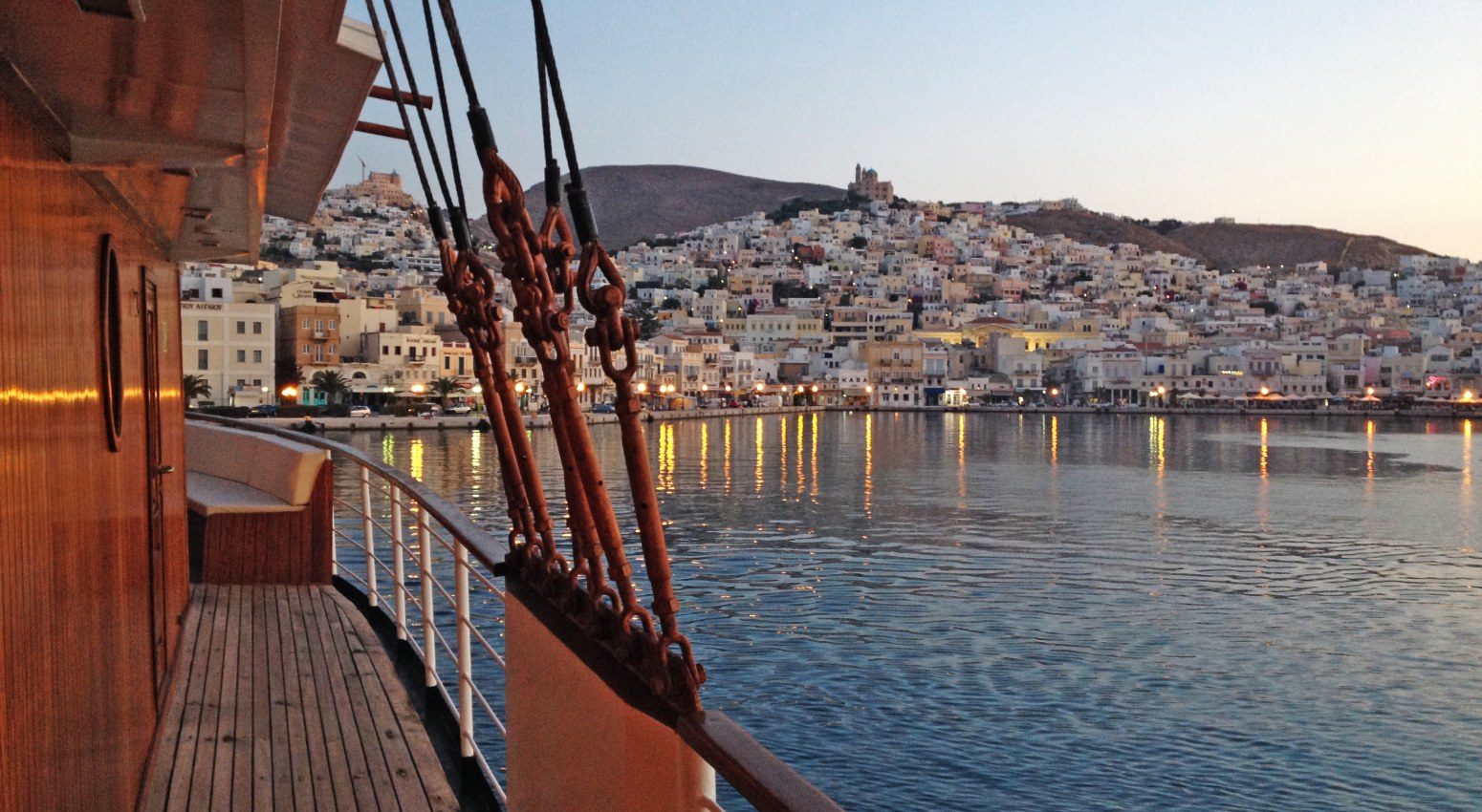The Galileo yacht docked at the port of Syros on a Variety Cruises tour