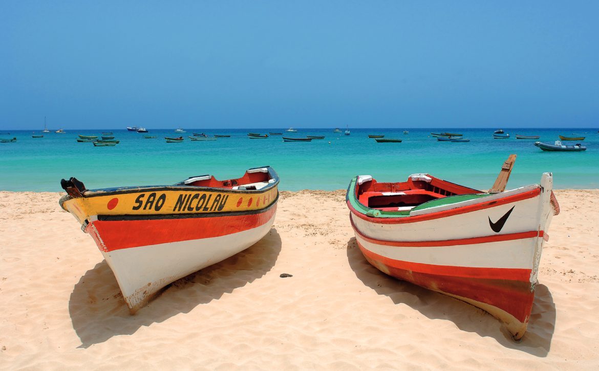 Wooden red boats in the beach of Cape Verde, in West Africa