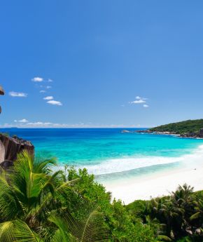 A view of the beautiful Grand Anse beach in La Digue, Seychelles