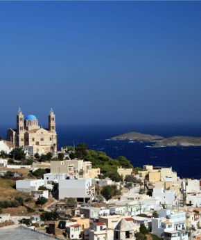 View to a traditional village with the sea in the background in greek islands