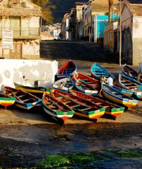 Traditional fishing boats on a beach in Cape Verde
