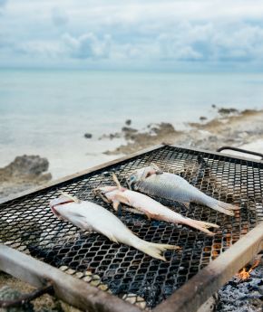 Cooking fish with a view to a tropical beach