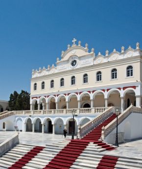 The beautiful interior of Panagia Evangelistria, a famous Greek Orthodox church on the island of Tinos