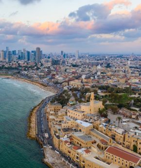 Aerial view of Tel Aviv with the ocean in the background