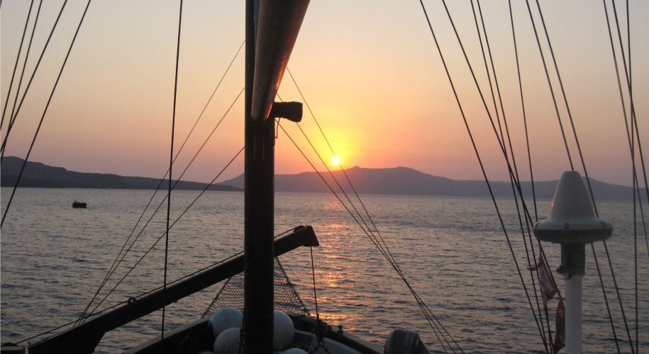 View of the sunset from Galileo boat sailing from Santorini, Greece