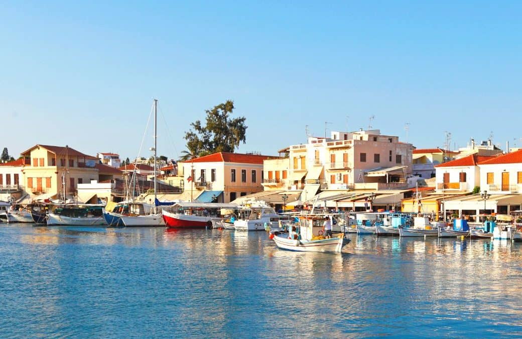 Aerial view of port of Aegina with sailing boats in Greece