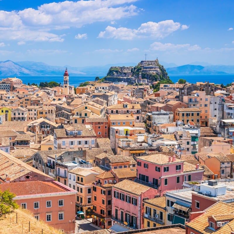 Aerial view of the old town of corfu seen from the new venetian fortress