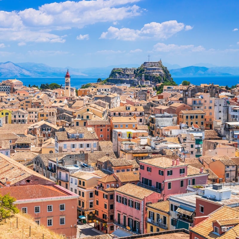 Aerial view of the old town of corfu seen from the new venetian fortress