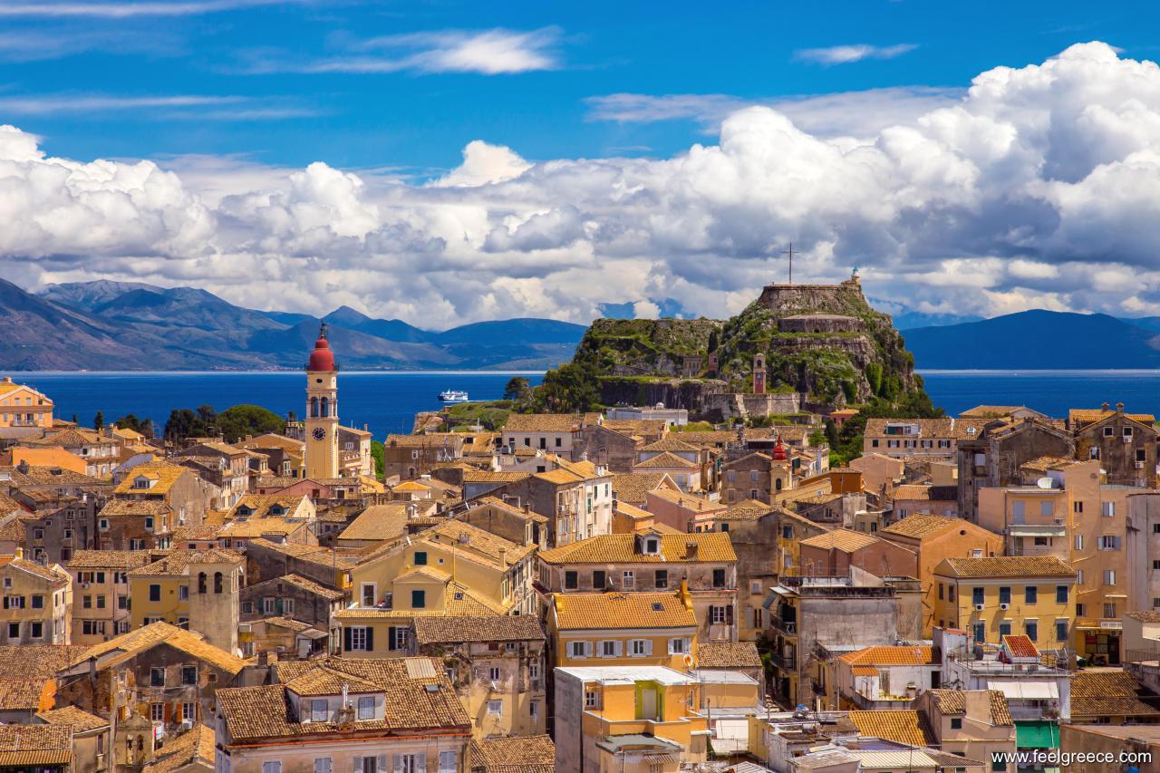 Aerial view of the old town of corfu seen from the new venetian fortress