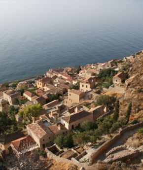 Aerial view of Monemvasia, a medieval fortress town on the coast of the Peloponnese, Greece