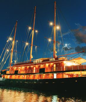 Night view of Variety Cruises ship anchored