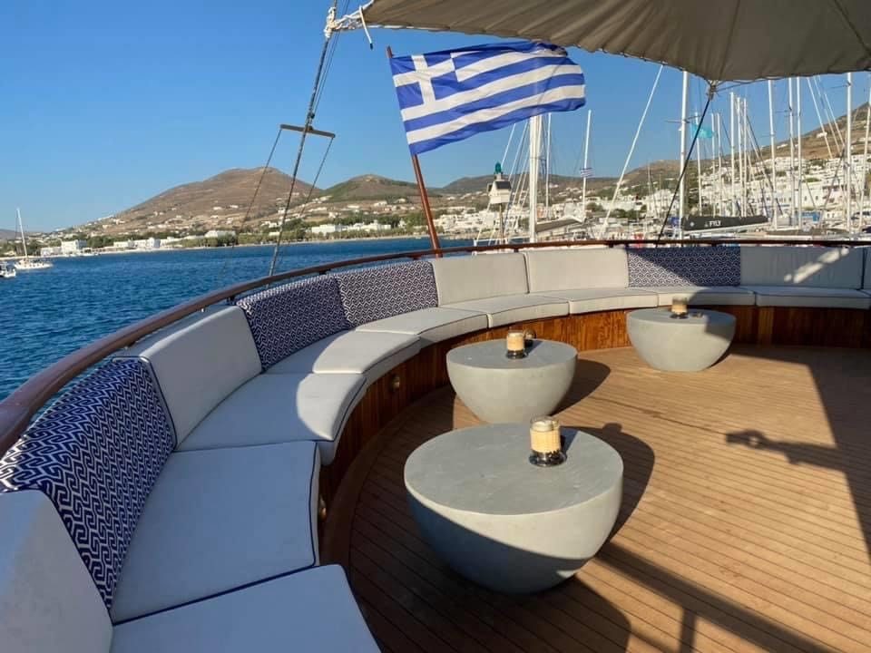 Galileo yacht's upper deck with sun loungers and beautiful sea views