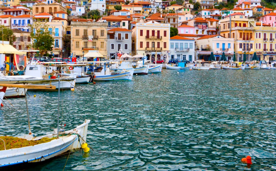 A picturesque view of Gythion, a small town in Greece with houses built on a hill