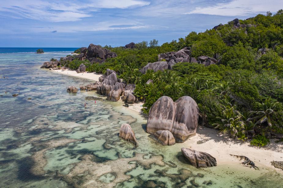 Aerial view of a beach with palm trees and mountains in the background