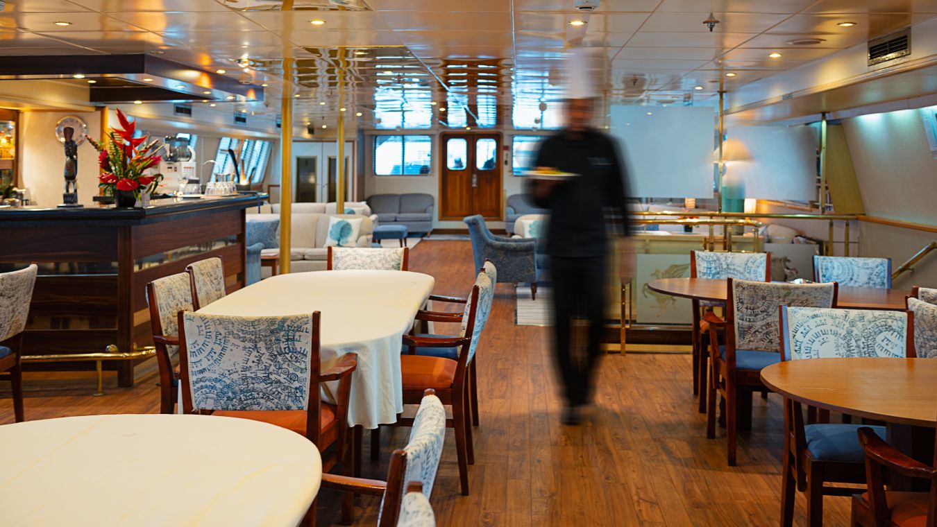 Interior dining area on a Variety Cruises small ship