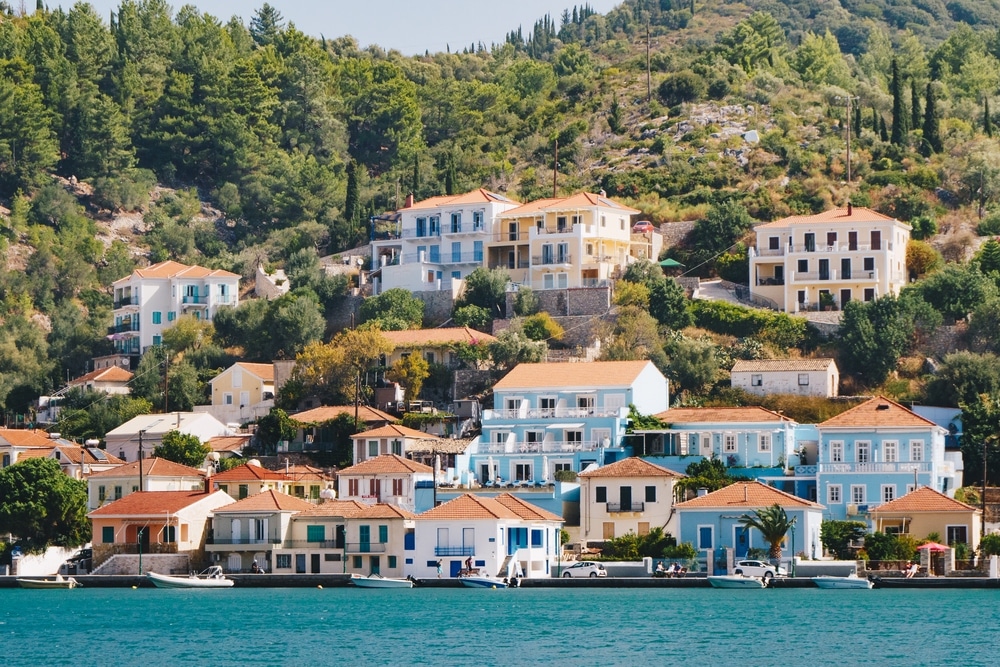 Aerial view of port of Vathy with traditiopnal houses in Ithaca, Greece
