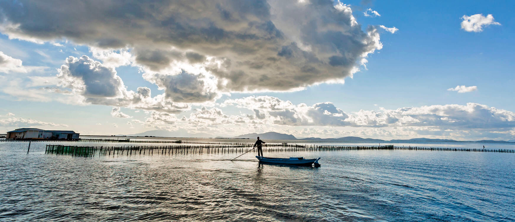 Man with his fish boat in the Messolonghi-Etoliko lagoon