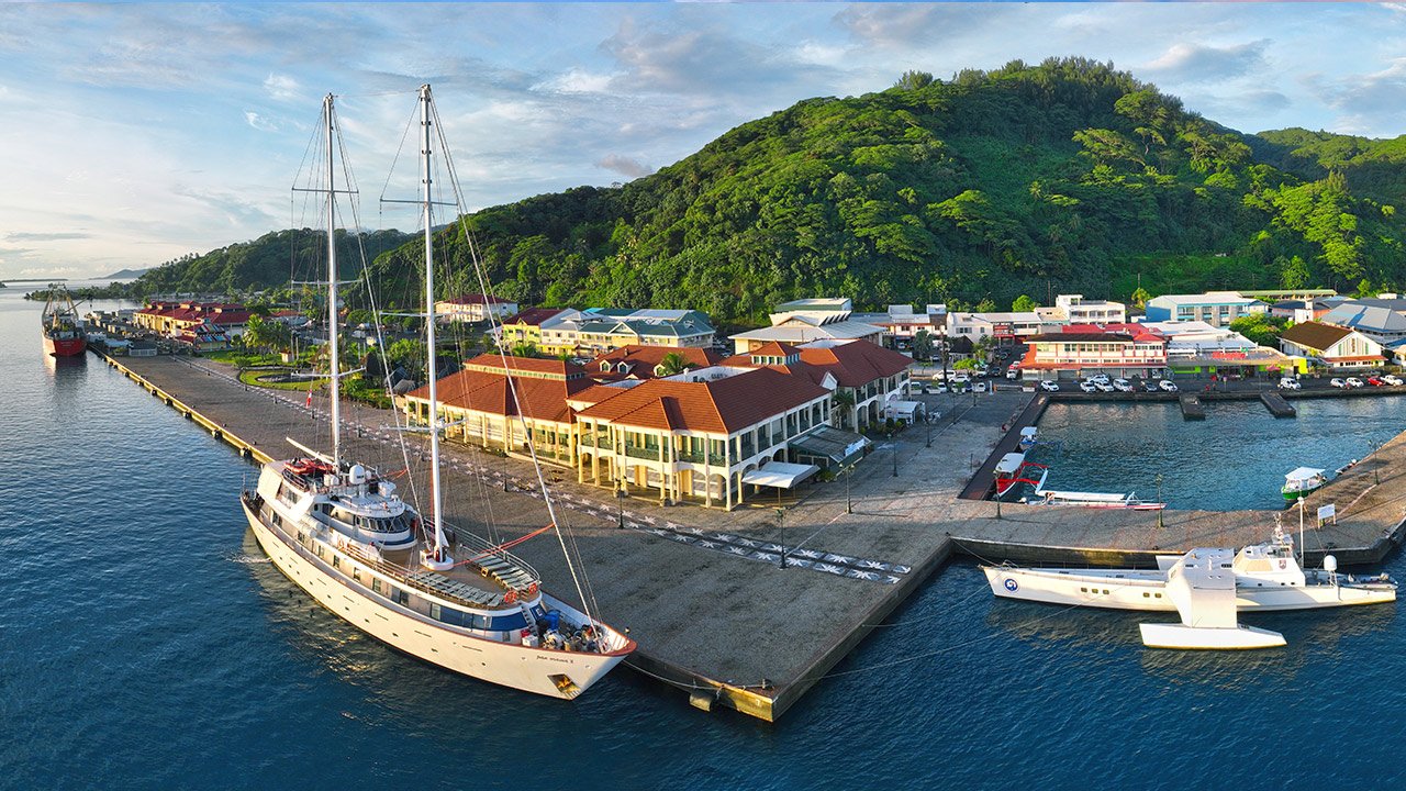 Pannorama II cruise ship anchored in Papeete island, Tahiti