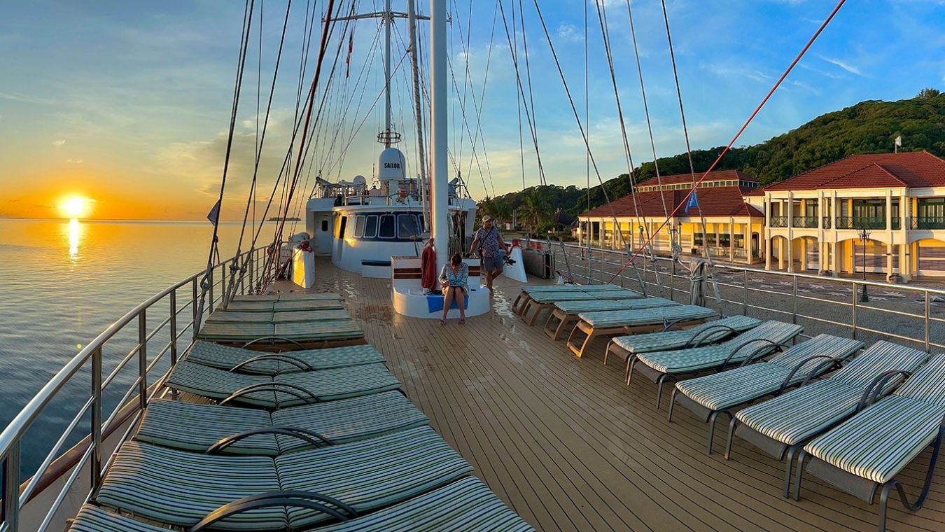 The deck area with sunbathing chairs