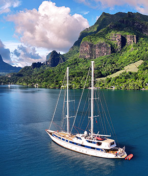A Variety Cruises' ship sailing to a tropical island