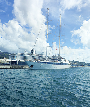 A Variety Cruises' ship anchored in a port