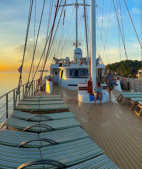 The deck area with sunbathing chairs