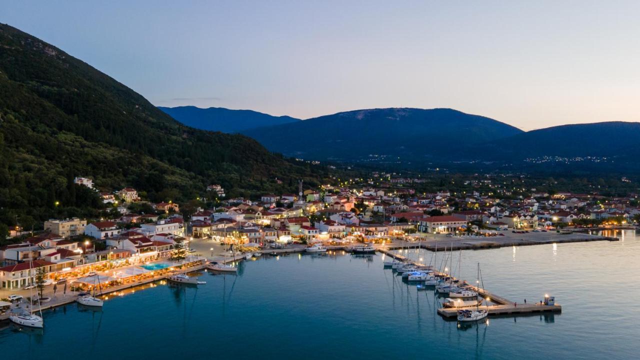 Aerial view of port of Sami with sailing boats in Kefalonia, Greece