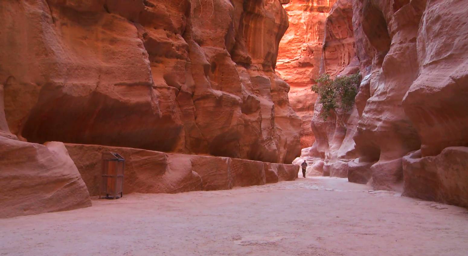 A person walking through the narrow canyons of Petra, Jordan