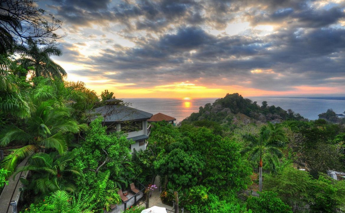 Tropical forest with a view to the sea during sunset