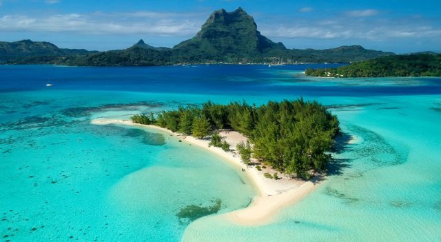 a view to turquoise waters and a tropical island of Bora Bora