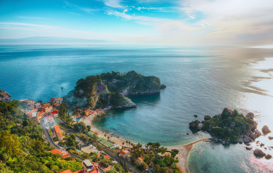 Panoramic aerlia view of Isola Bella in Taormina