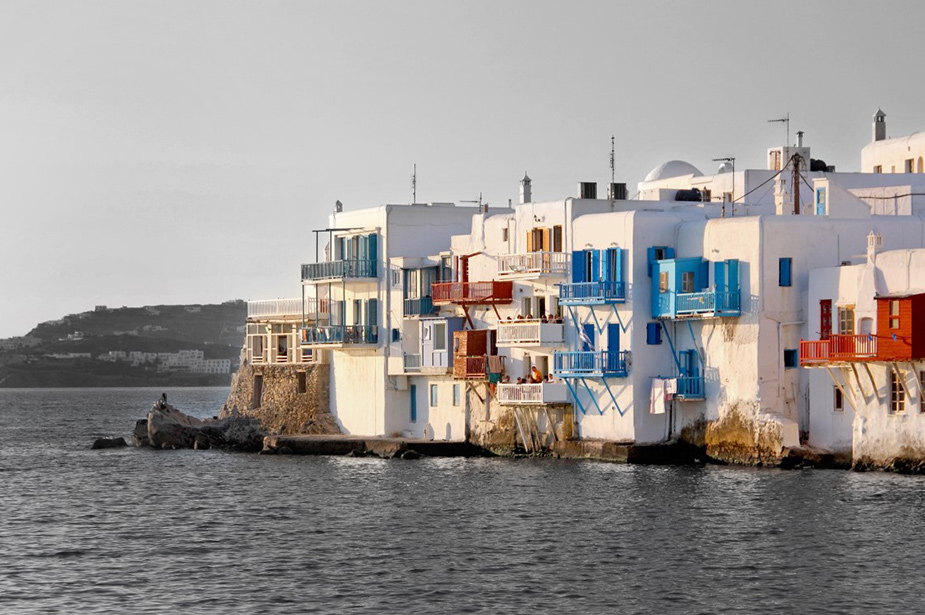 White traditional houses next to the sea in Mykonos