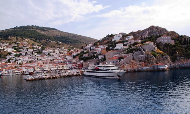 Aerial view of the picturesque port in Hydra, Greece