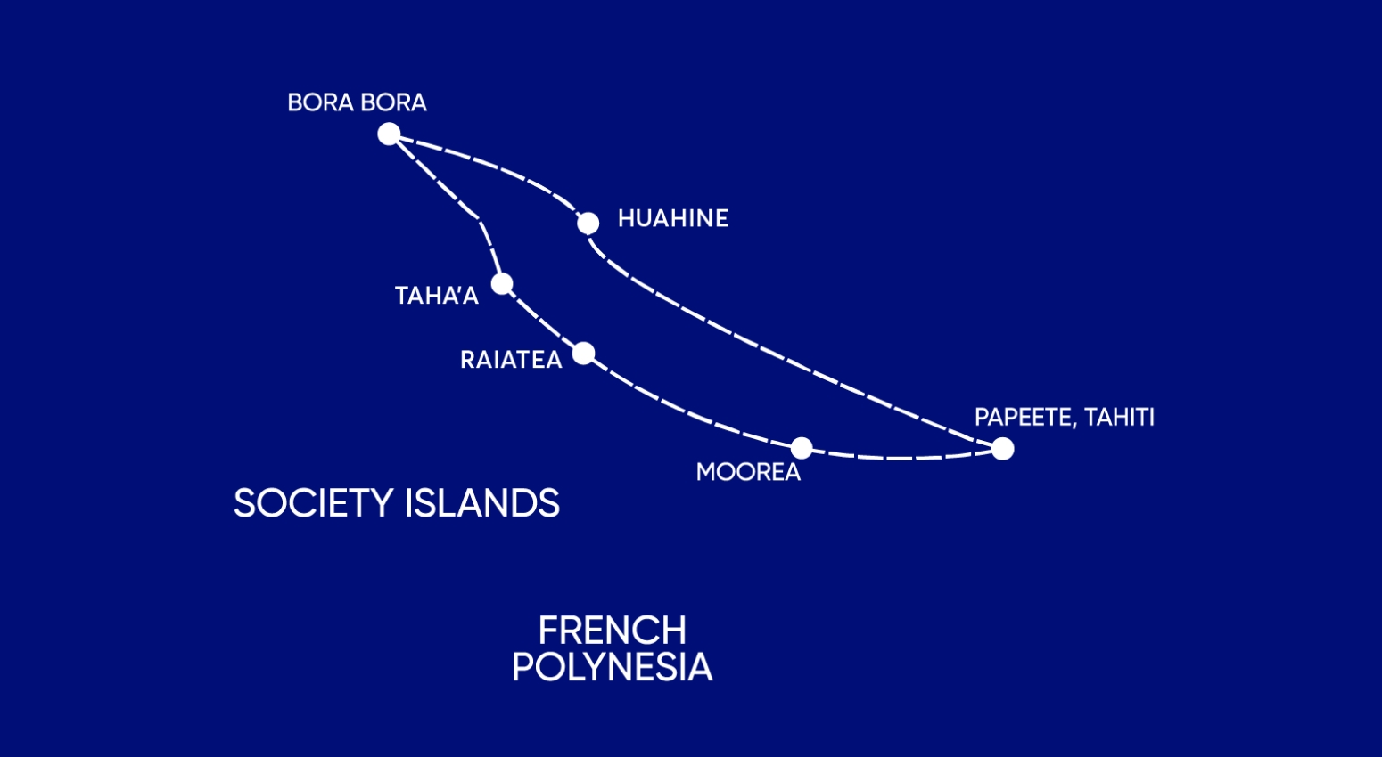 White map of 7 night cruise in Society Islands in blue background