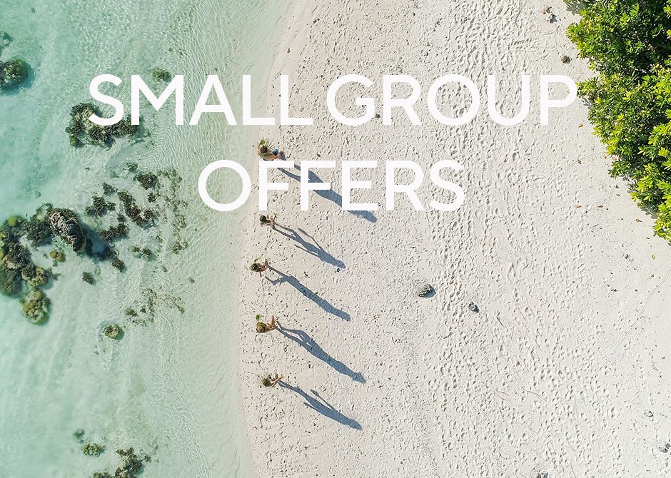 A tropical beach with a logo about small group offers