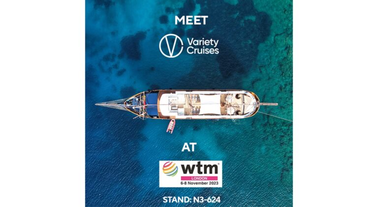 Cruise ship in the blue sea with WTM Londonlogo