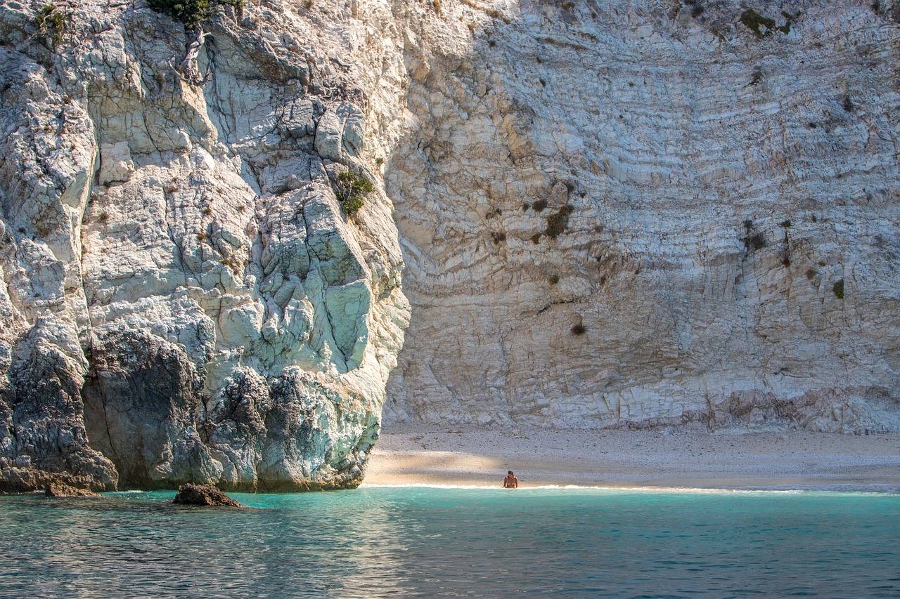 Aerial photo of the beach Afales in Ithaca, the beautiful Ionian island of Greece.