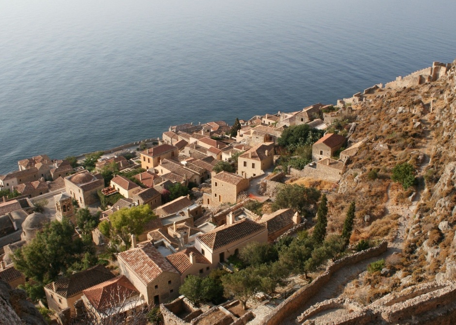 Aerial view of the old town of Monemvasia in Lakonia of Peloponnese, Greece