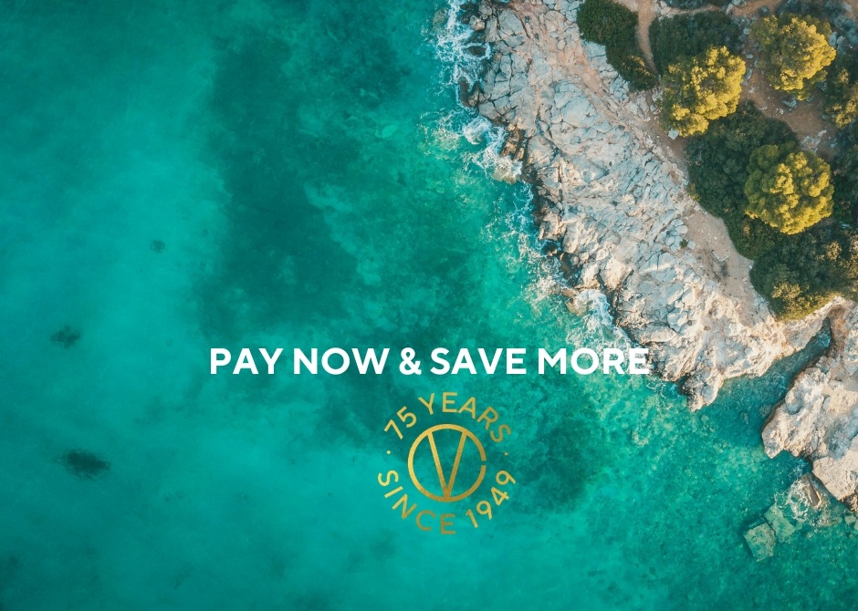Pay Now and Save More visual on sea and cliffs background